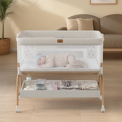 Moisés para bebé junto a la cama, cuna 3 en 1 moisés para bebé junto a la cama con colchón y sábana suave y transpirable, laterales de malla completa, 6 alturas ajustables, cuna estable y segura para