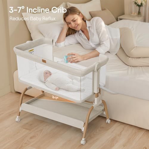 Moisés para bebé junto a la cama, cuna 3 en 1 moisés para bebé junto a la cama con colchón y sábana suave y transpirable, laterales de malla completa, 6 alturas ajustables, cuna estable y segura para