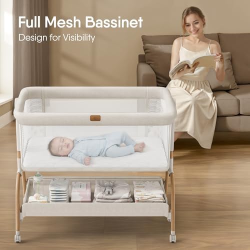 Moisés para bebé junto a la cama, cuna 3 en 1 moisés para bebé junto a la cama con colchón y sábana suave y transpirable, laterales de malla completa, 6 alturas ajustables, cuna estable y segura para