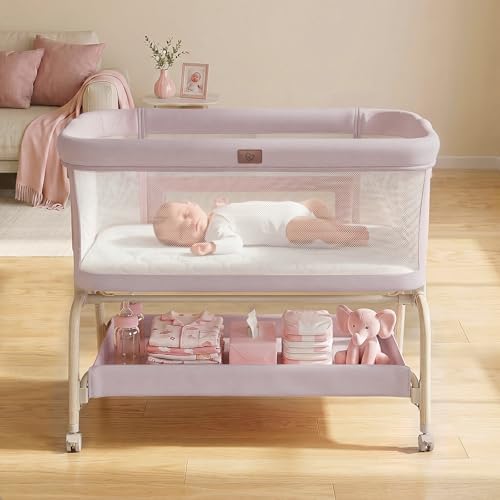 Moisés para bebé junto a la cama, cuna 3 en 1 moisés para bebé junto a la cama con colchón y sábana suave y transpirable, laterales de malla completa, 6 alturas ajustables, cuna estable y segura para