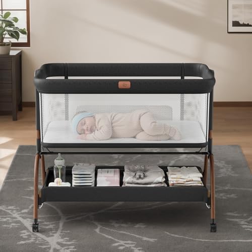 Moisés para bebé junto a la cama, cuna 3 en 1 moisés para bebé junto a la cama con colchón y sábana suave y transpirable, laterales de malla completa, 6 alturas ajustables, cuna estable y segura para