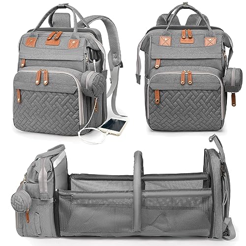 Baby Diaper Bags with Changing Station  Waterproof Diaper Bag Backpack for Moms Dads with USB Charging Port  Baby Shower Gifts  Large Capacity diaper backpack  Grey