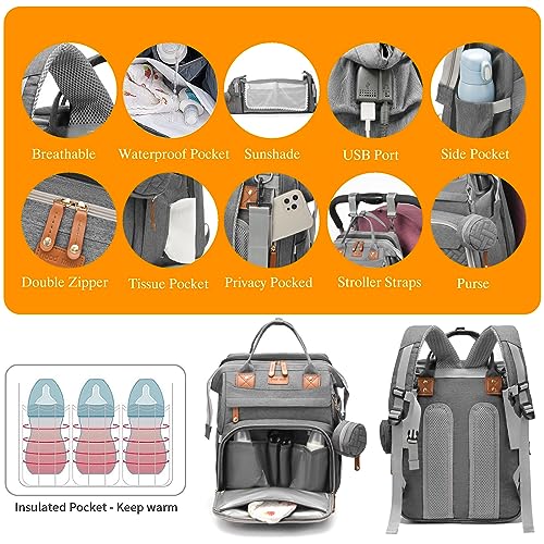 Baby Diaper Bags with Changing Station  Waterproof Diaper Bag Backpack for Moms Dads with USB Charging Port  Baby Shower Gifts  Large Capacity diaper backpack  Grey