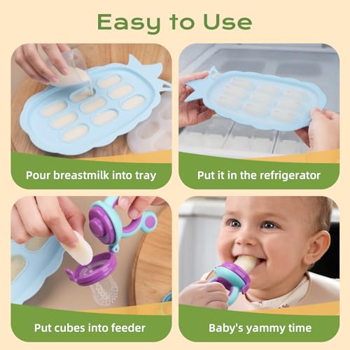 Baby Fruit Feeder Baby Breastmilk Popsicle Molds  Food Freezer Tray Storage Containers  Silicone Pacifier Feeder and Teether  Includes 6 Extra Food Pacifier