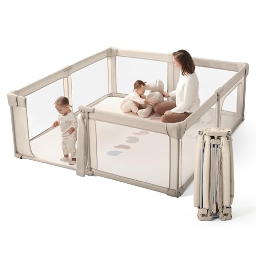 Baby Playpen Portable  Pre Assembled Play Pen 71x79 Large Foldable Playpen for Babies and Toddlers  Sturdy and Safe Toddler Play Yard Indoor Outdoor with Carry Bag  Light Khaki