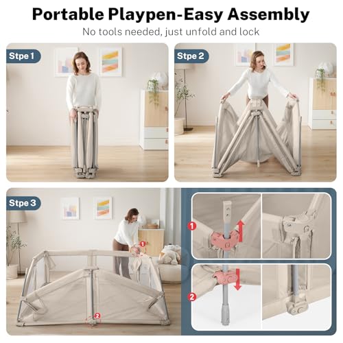 Baby Playpen Portable  Pre Assembled Play Pen 71x79 Large Foldable Playpen for Babies and Toddlers  Sturdy and Safe Toddler Play Yard Indoor Outdoor with Carry Bag  Light Khaki