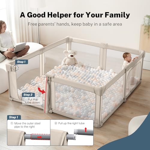 Baby Playpen Portable  Pre Assembled Play Pen 71x79 Large Foldable Playpen for Babies and Toddlers  Sturdy and Safe Toddler Play Yard Indoor Outdoor with Carry Bag  Light Khaki