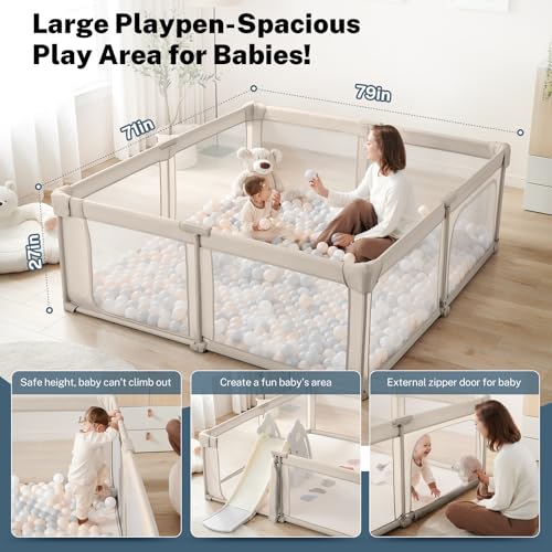 Baby Playpen Portable  Pre Assembled Play Pen 71x79 Large Foldable Playpen for Babies and Toddlers  Sturdy and Safe Toddler Play Yard Indoor Outdoor with Carry Bag  Light Khaki