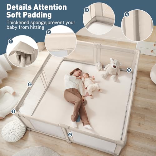 Baby Playpen Portable  Pre Assembled Play Pen 71x79 Large Foldable Playpen for Babies and Toddlers  Sturdy and Safe Toddler Play Yard Indoor Outdoor with Carry Bag  Light Khaki