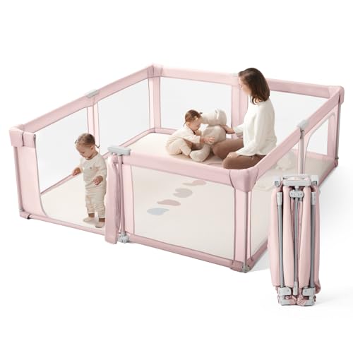 Baby Playpen Portable  Pre Assembled Play Pen 71x79 Large Foldable Playpen for Babies and Toddlers  Sturdy and Safe Toddler Play Yard Indoor Outdoor with Carry Bag  Light Khaki