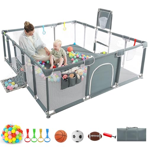 Baby Playpen  79x71 Indoor   Outdoor Playpen with Breathable Play Pen with Ocean Balls Hanging Pocket Basketball Hoop and Football Goal