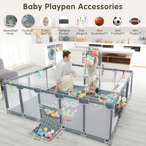 Baby Playpen  79x71 Indoor   Outdoor Playpen with Breathable Play Pen with Ocean Balls Hanging Pocket Basketball Hoop and Football Goal