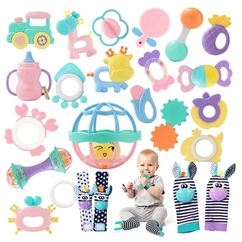 Baby Rattles 0 6 Months Infant Sensory Teething Toys Set for 3 6 Months with Wrist Socks Learning Developmental Toys Perfect Baby Gift for 6 12 Months Newborn Boys Girls  Purple Rattle Set