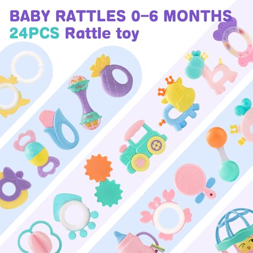 Baby Rattles 0 6 Months Infant Sensory Teething Toys Set for 3 6 Months with Wrist Socks Learning Developmental Toys Perfect Baby Gift for 6 12 Months Newborn Boys Girls  Purple Rattle Set