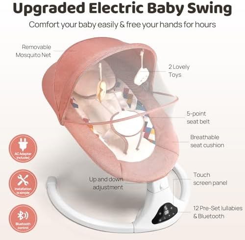 Baby Swings for Infants  Pink Infant Swing with 5 Speeds  12 Melodies  Bluetooth & Remote Control  Portable Baby Swing for Indoor and Outdoor  Pink 