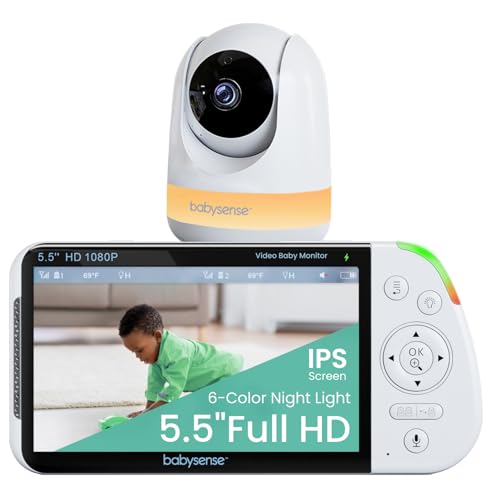 Babysense 5 5  1080p Full HD Split Screen Baby Monitor  Video Baby Monitor with Camera and Audio  PTZ Camera  RGB Night Light  1000ft Range  Two Way Audio  4X Zoom  5000mAh Battery