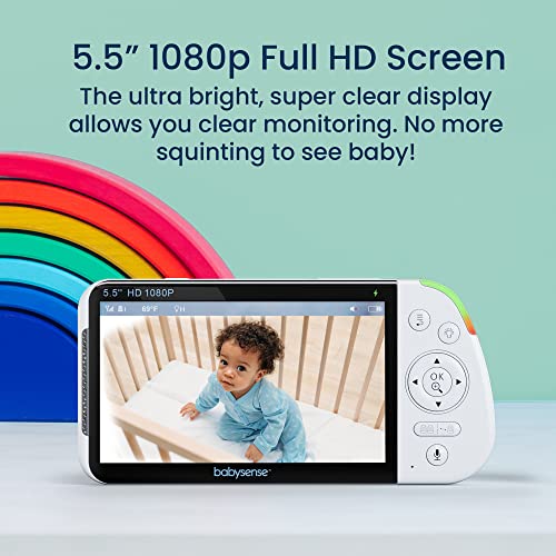 Babysense 5 5  1080p Full HD Split Screen Baby Monitor  Video Baby Monitor with Camera and Audio  PTZ Camera  RGB Night Light  1000ft Range  Two Way Audio  4X Zoom  5000mAh Battery