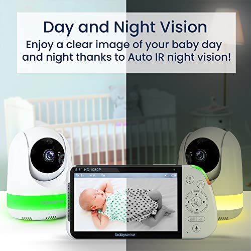 Babysense 5 5  1080p Full HD Split Screen Baby Monitor  Video Baby Monitor with Camera and Audio  PTZ Camera  RGB Night Light  1000ft Range  Two Way Audio  4X Zoom  5000mAh Battery