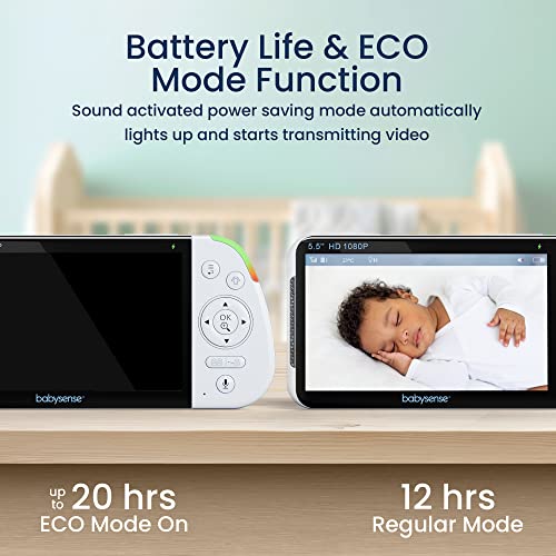 Babysense 5 5  1080p Full HD Split Screen Baby Monitor  Video Baby Monitor with Camera and Audio  PTZ Camera  RGB Night Light  1000ft Range  Two Way Audio  4X Zoom  5000mAh Battery