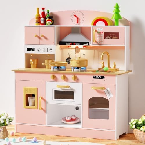Babytronic Wooden Play Kitchen Set  Pretend Play Kitchen with Lights and Sounds for Kids Ages 3   Includes Stove  Oven  Microwave  Coffee Maker  and Accessories  Toy Kitchen Set for Toddlers  Pink