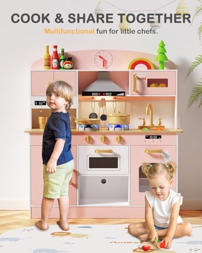 Babytronic Wooden Play Kitchen Set  Pretend Play Kitchen with Lights and Sounds for Kids Ages 3   Includes Stove  Oven  Microwave  Coffee Maker  and Accessories  Toy Kitchen Set for Toddlers  Pink