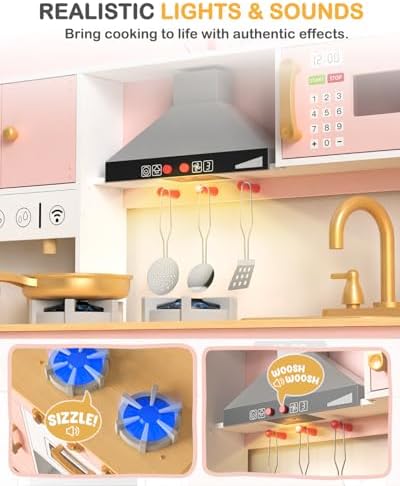 Babytronic Wooden Play Kitchen Set  Pretend Play Kitchen with Lights and Sounds for Kids Ages 3   Includes Stove  Oven  Microwave  Coffee Maker  and Accessories  Toy Kitchen Set for Toddlers  Pink