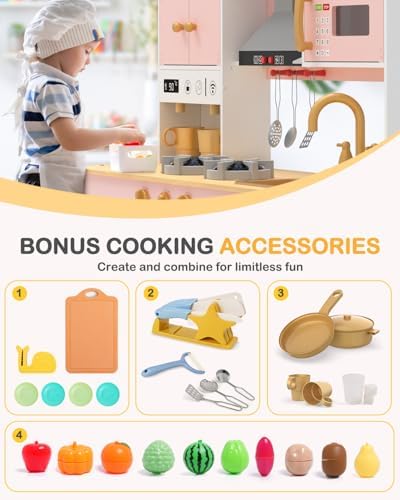 Babytronic Wooden Play Kitchen Set  Pretend Play Kitchen with Lights and Sounds for Kids Ages 3   Includes Stove  Oven  Microwave  Coffee Maker  and Accessories  Toy Kitchen Set for Toddlers  Pink
