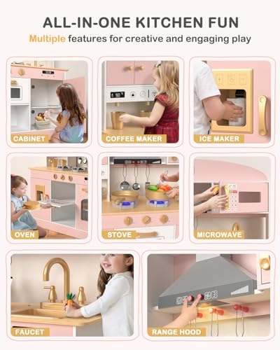 Babytronic Wooden Play Kitchen Set  Pretend Play Kitchen with Lights and Sounds for Kids Ages 3   Includes Stove  Oven  Microwave  Coffee Maker  and Accessories  Toy Kitchen Set for Toddlers  Pink