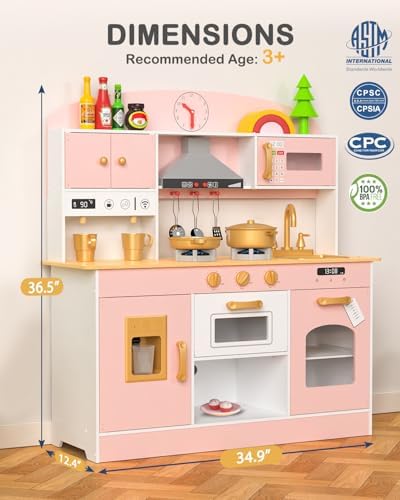 Babytronic Wooden Play Kitchen Set  Pretend Play Kitchen with Lights and Sounds for Kids Ages 3   Includes Stove  Oven  Microwave  Coffee Maker  and Accessories  Toy Kitchen Set for Toddlers  Pink