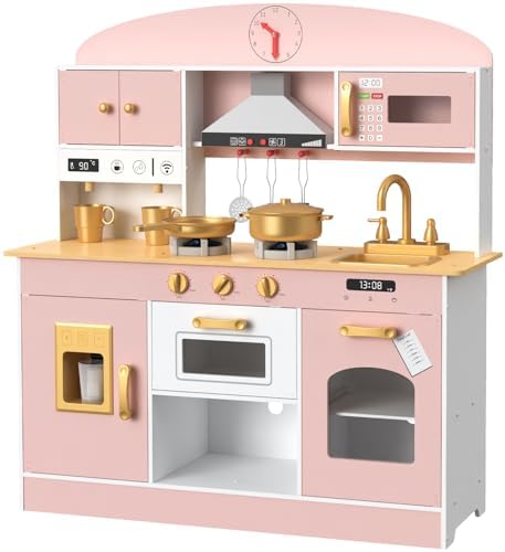 Babytronic Wooden Play Kitchen Set  Pretend Play Kitchen with Lights and Sounds for Kids Ages 3   Includes Stove  Oven  Microwave  Coffee Maker  and Accessories  Toy Kitchen Set for Toddlers  Pink