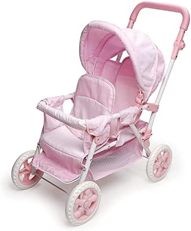 Badger Basket Double Front to Back Stroller for Dolls   Lightweight Foldable Toy Pram with Gingham Fabric Canopy and Storage Basket   Fun Pretend Play for Kids Ages 3 and Up   Pink