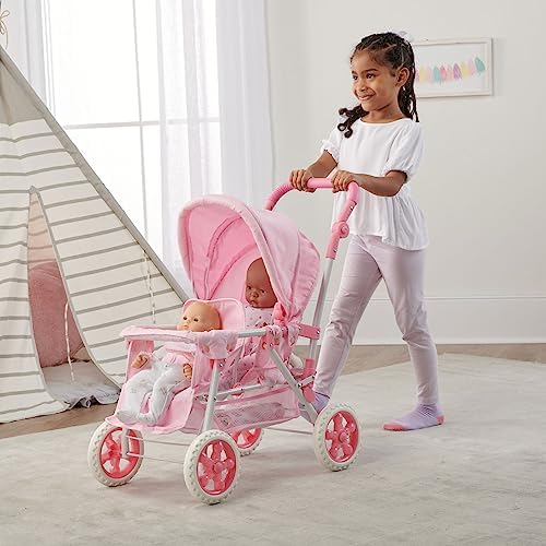 Badger Basket Double Front to Back Stroller for Dolls   Lightweight Foldable Toy Pram with Gingham Fabric Canopy and Storage Basket   Fun Pretend Play for Kids Ages 3 and Up   Pink