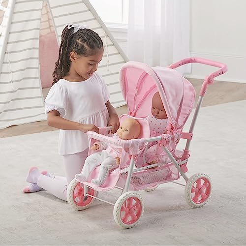 Badger Basket Double Front to Back Stroller for Dolls   Lightweight Foldable Toy Pram with Gingham Fabric Canopy and Storage Basket   Fun Pretend Play for Kids Ages 3 and Up   Pink