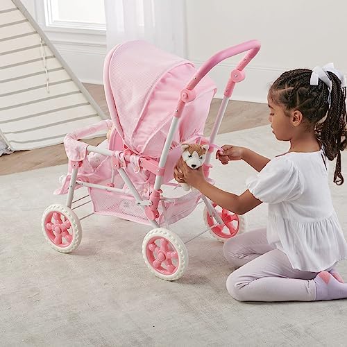 Badger Basket Double Front to Back Stroller for Dolls   Lightweight Foldable Toy Pram with Gingham Fabric Canopy and Storage Basket   Fun Pretend Play for Kids Ages 3 and Up   Pink
