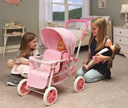Badger Basket Double Front to Back Stroller for Dolls   Lightweight Foldable Toy Pram with Gingham Fabric Canopy and Storage Basket   Fun Pretend Play for Kids Ages 3 and Up   Pink