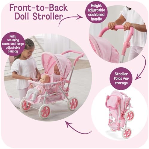 Badger Basket Double Front to Back Stroller for Dolls   Lightweight Foldable Toy Pram with Gingham Fabric Canopy and Storage Basket   Fun Pretend Play for Kids Ages 3 and Up   Pink