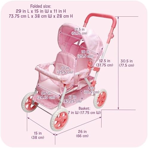 Badger Basket Double Front to Back Stroller for Dolls   Lightweight Foldable Toy Pram with Gingham Fabric Canopy and Storage Basket   Fun Pretend Play for Kids Ages 3 and Up   Pink