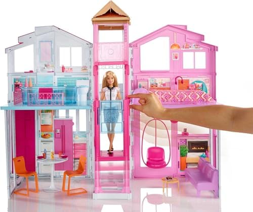 Barbie 3 Story Townhouse Dollhouse with Elevator  Swing Chair  Furniture and Accessories  Fold for Portability and Travel  Amazon Exclusive