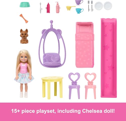 Barbie Chelsea Toy Dollhouse with 15  Accessories  Pop Up House Expands to 17  x 13  inches with 5 Play Areas & Slide  Includes Small Doll & Pet Dog