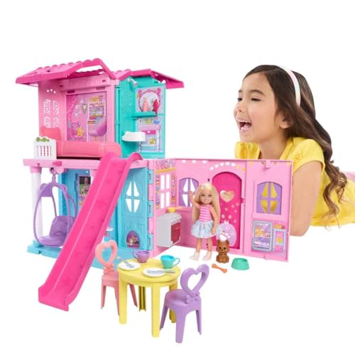 Barbie Chelsea Toy Dollhouse with 15  Accessories  Pop Up House Expands to 17  x 13  inches with 5 Play Areas & Slide  Includes Small Doll & Pet Dog