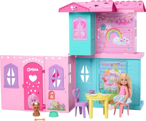 Barbie Chelsea Toy Dollhouse with 15  Accessories  Pop Up House Expands to 17  x 13  inches with 5 Play Areas & Slide  Includes Small Doll & Pet Dog