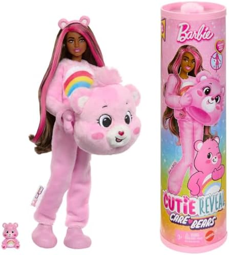 Barbie Cutie Reveal Care Bears Series Doll & Accessories Set with Cheer Bear Plush Costume & 10 Surprises Including Color Change & Mini Bear