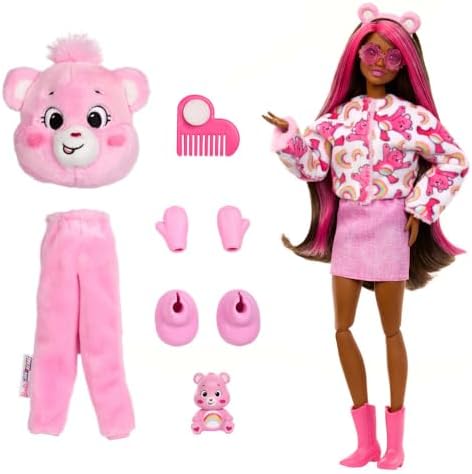 Barbie Cutie Reveal Care Bears Series Doll & Accessories Set with Cheer Bear Plush Costume & 10 Surprises Including Color Change & Mini Bear
