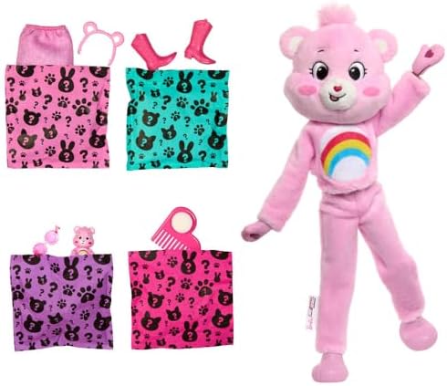 Barbie Cutie Reveal Care Bears Series Doll & Accessories Set with Cheer Bear Plush Costume & 10 Surprises Including Color Change & Mini Bear