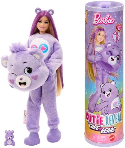 Barbie Cutie Reveal Care Bears Series Doll & Accessories Set with Cheer Bear Plush Costume & 10 Surprises Including Color Change & Mini Bear