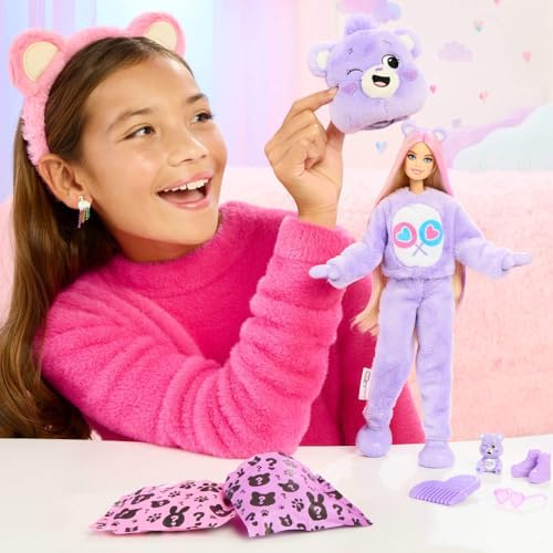 Barbie Cutie Reveal Care Bears Series Doll & Accessories Set with Cheer Bear Plush Costume & 10 Surprises Including Color Change & Mini Bear