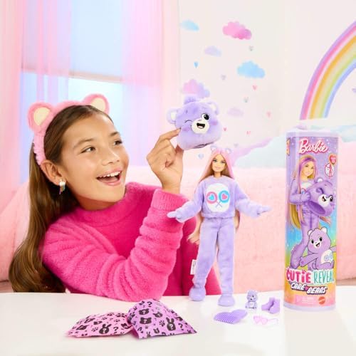 Barbie Cutie Reveal Care Bears Series Doll & Accessories Set with Cheer Bear Plush Costume & 10 Surprises Including Color Change & Mini Bear