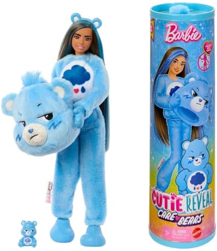 Barbie Cutie Reveal Care Bears Series Doll & Accessories Set with Cheer Bear Plush Costume & 10 Surprises Including Color Change & Mini Bear
