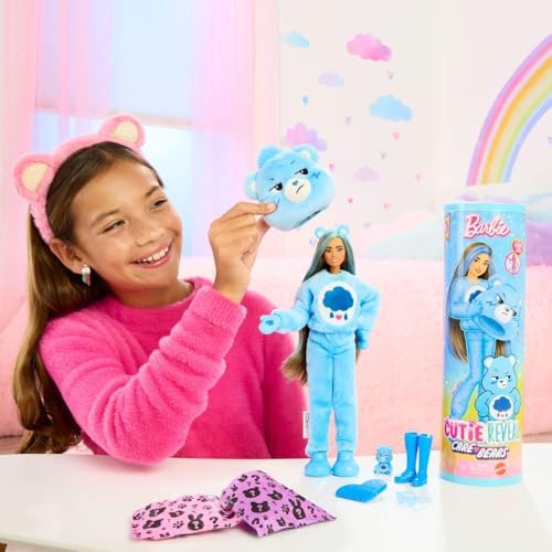 Barbie Cutie Reveal Care Bears Series Doll & Accessories Set with Cheer Bear Plush Costume & 10 Surprises Including Color Change & Mini Bear