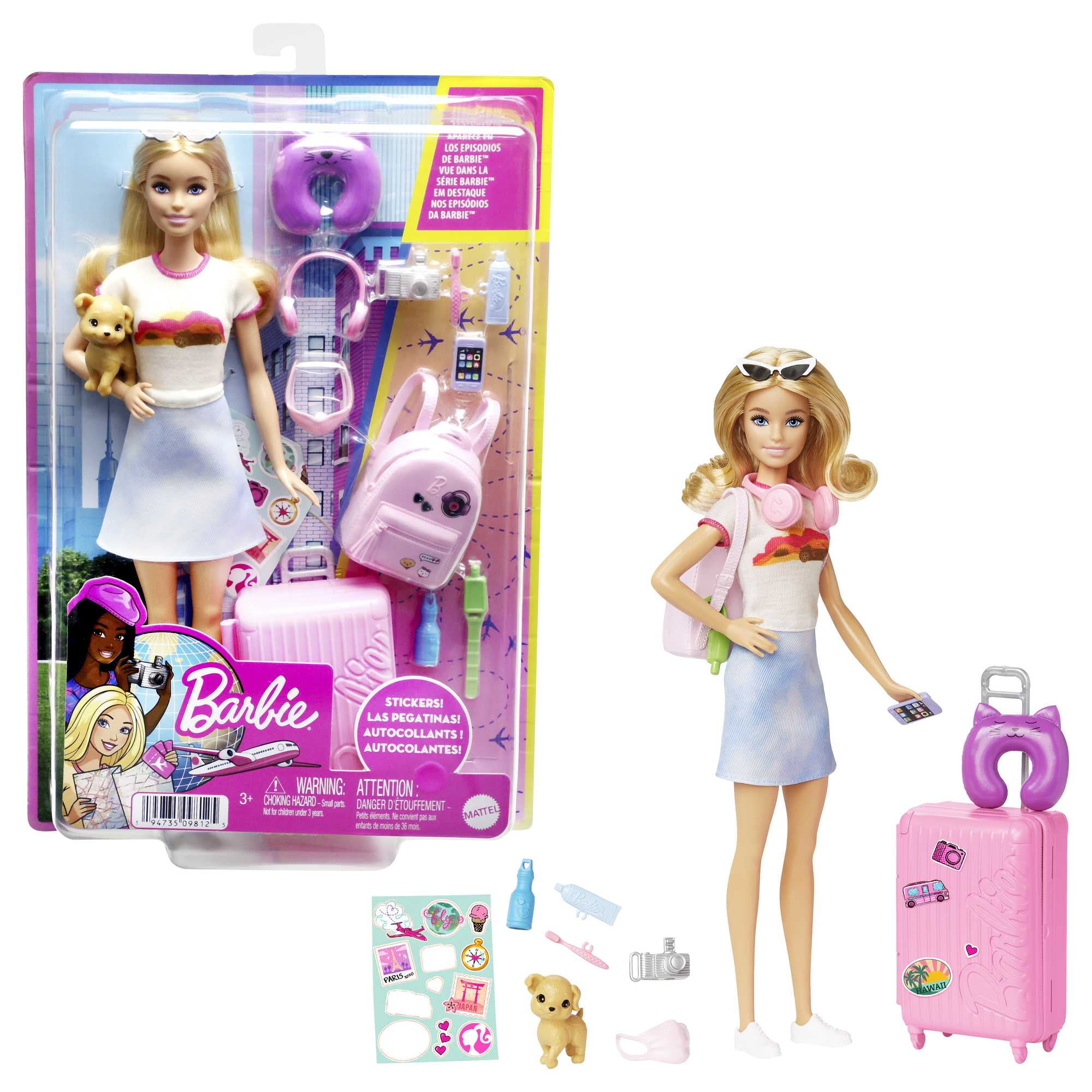 Barbie Doll and Accessories   Malibu  Travel Set with Puppy & Working Suitcase  10  Pieces